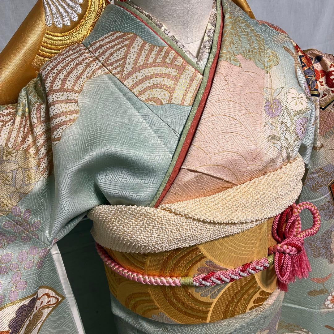 ⁂⁂いちなな様⁂⁂【振袖フルセット】 水色 金駒刺繍 花柄 扇柄