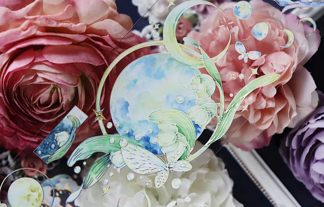 巻売 525★ 海外 マスキングテープ マステ PET 装飾 花 月 銀ホロ