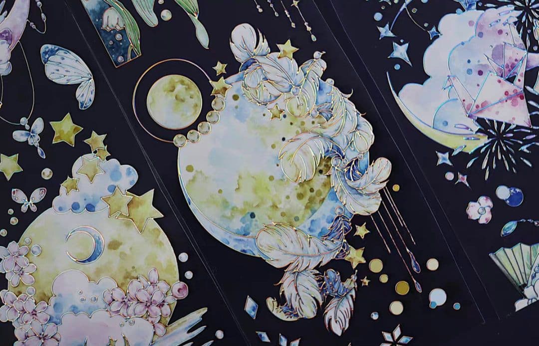 巻売 525★ 海外 マスキングテープ マステ PET 装飾 花 月 銀ホロ