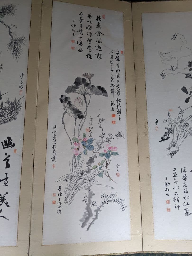 明治/六曲屏風 木箱セット/明治期書画家の合作/希少骨董古美術vintage