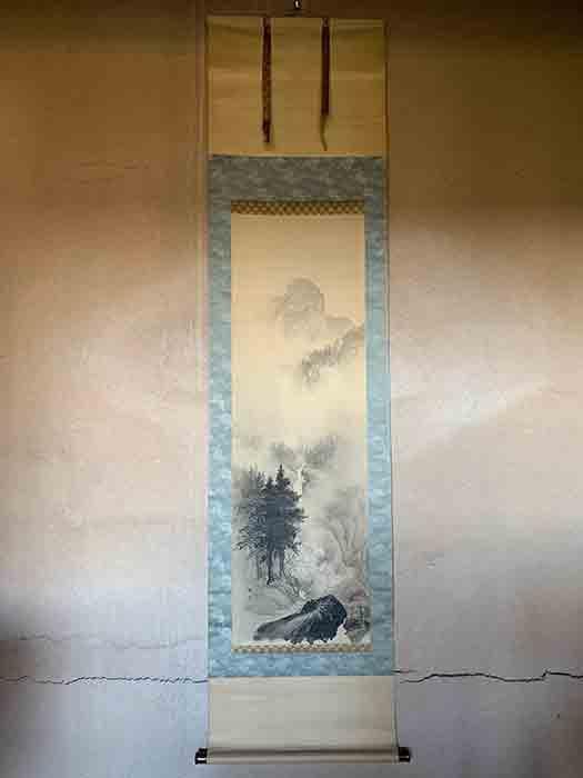 安堂 「春景山水」掛軸 銘あり 共箱あり 古物 中古 21.01.13-1.