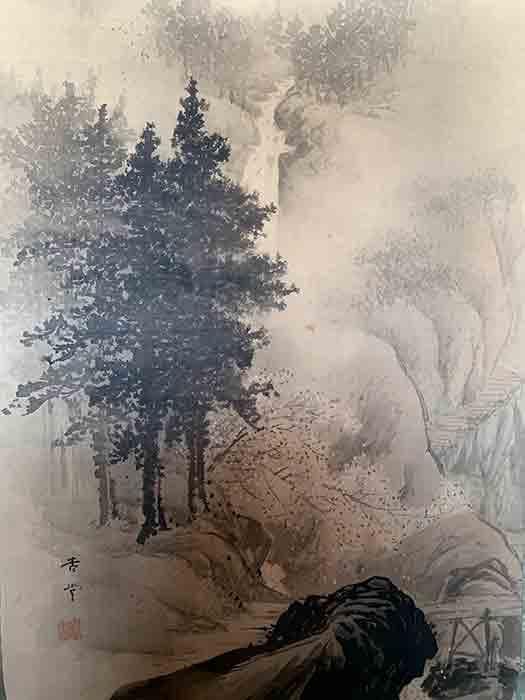 安堂 「春景山水」掛軸 銘あり 共箱あり 古物 中古 21.01.13-1.