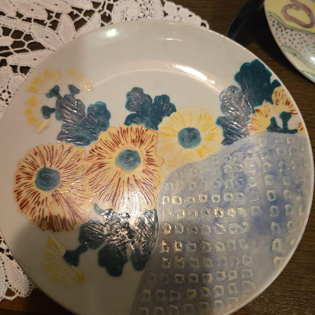 珍品 さかい焼 二代目金田新平 更さ色絵陶絵皿二枚