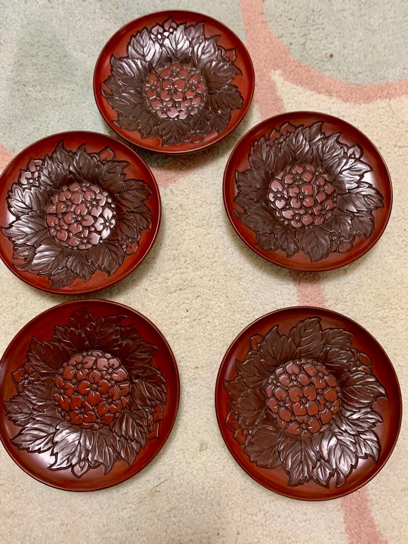 未使用品　鎌倉彫　アジサイ模様の茶托5枚　アンティーク　昭和