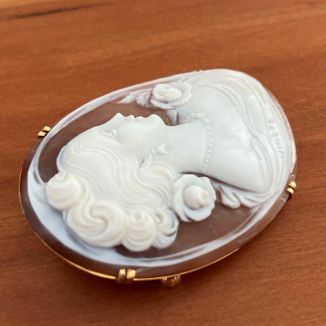K18 シェルカメオ ブローチ、ペンダントトップ兼用