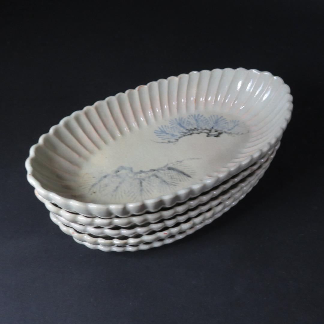 長皿 変形皿 歪み 染付 菊花型 5枚 松 古伊万里