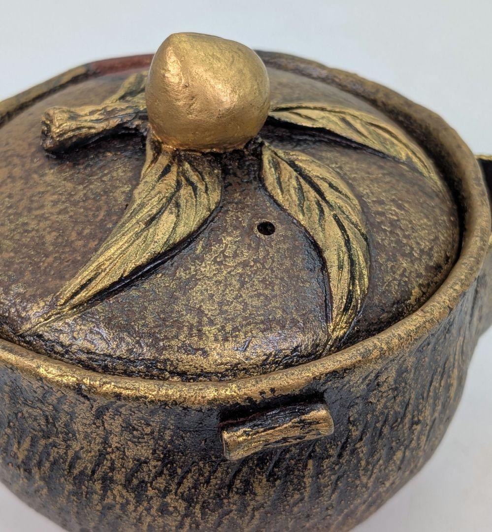 鈴木篤夫 備前焼 金彩備前桃摘宝瓶 四方桟共箱共布栞 手造り宝瓶 煎茶道具 モモ