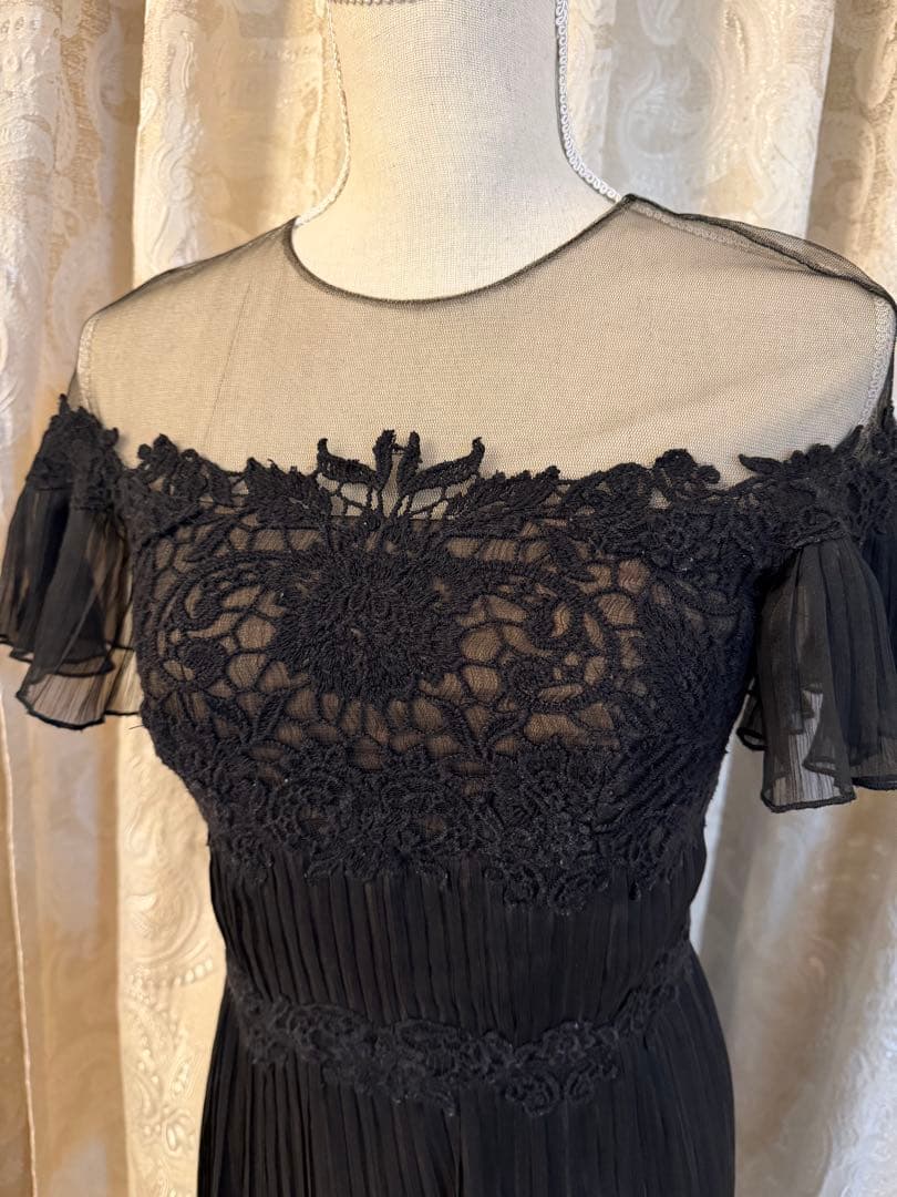 TADASHI・クロッシェ付プリーツシフォンドレスUS4