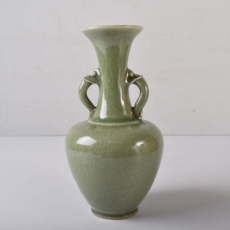 中国　龍泉窯青磁　双獣耳花瓶　時代箱　V　R8314