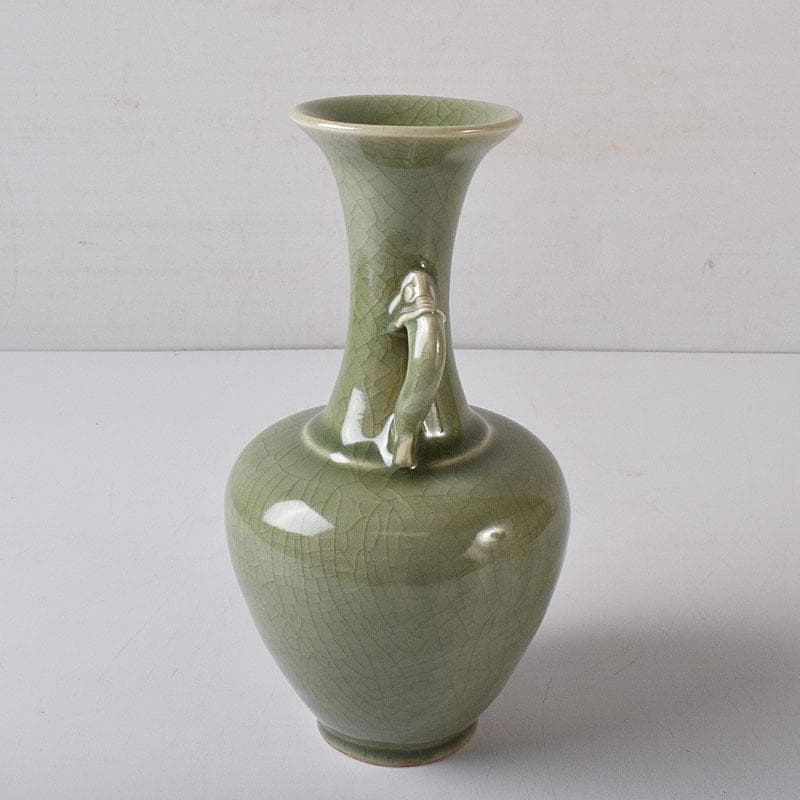 中国　龍泉窯青磁　双獣耳花瓶　時代箱　V　R8314