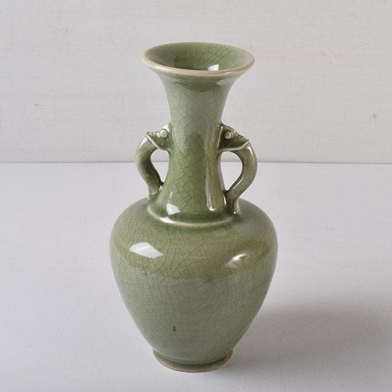 中国　龍泉窯青磁　双獣耳花瓶　時代箱　V　R8314