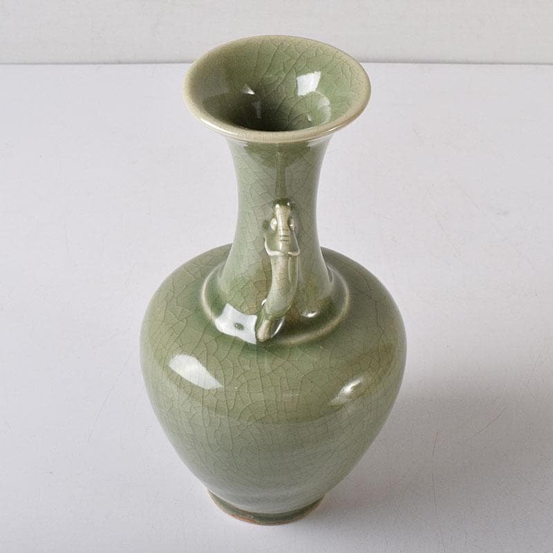 中国　龍泉窯青磁　双獣耳花瓶　時代箱　V　R8314