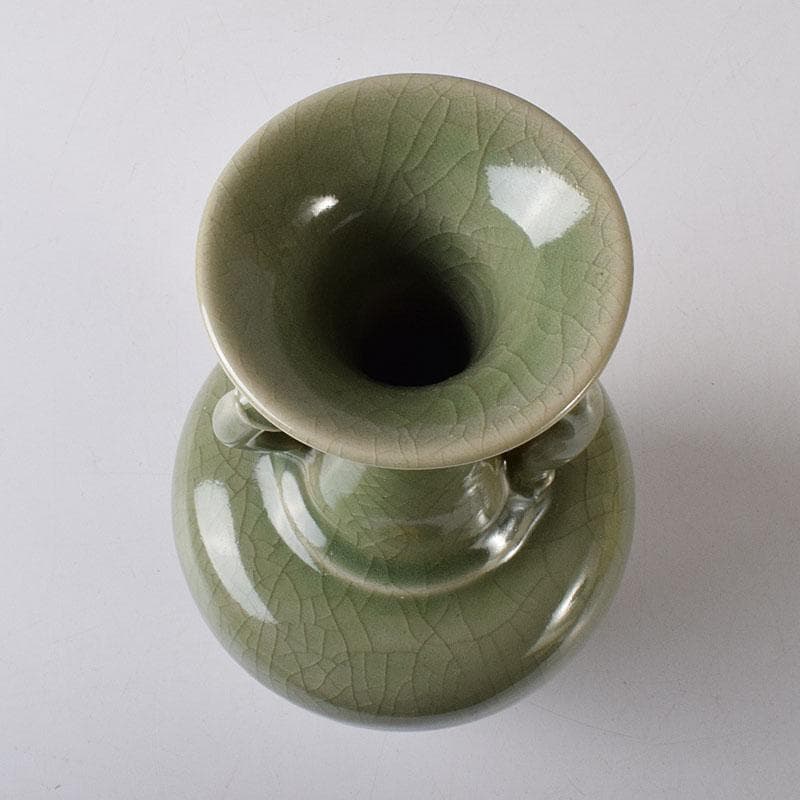 中国　龍泉窯青磁　双獣耳花瓶　時代箱　V　R8314