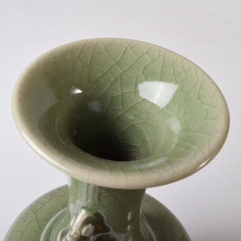 中国　龍泉窯青磁　双獣耳花瓶　時代箱　V　R8314