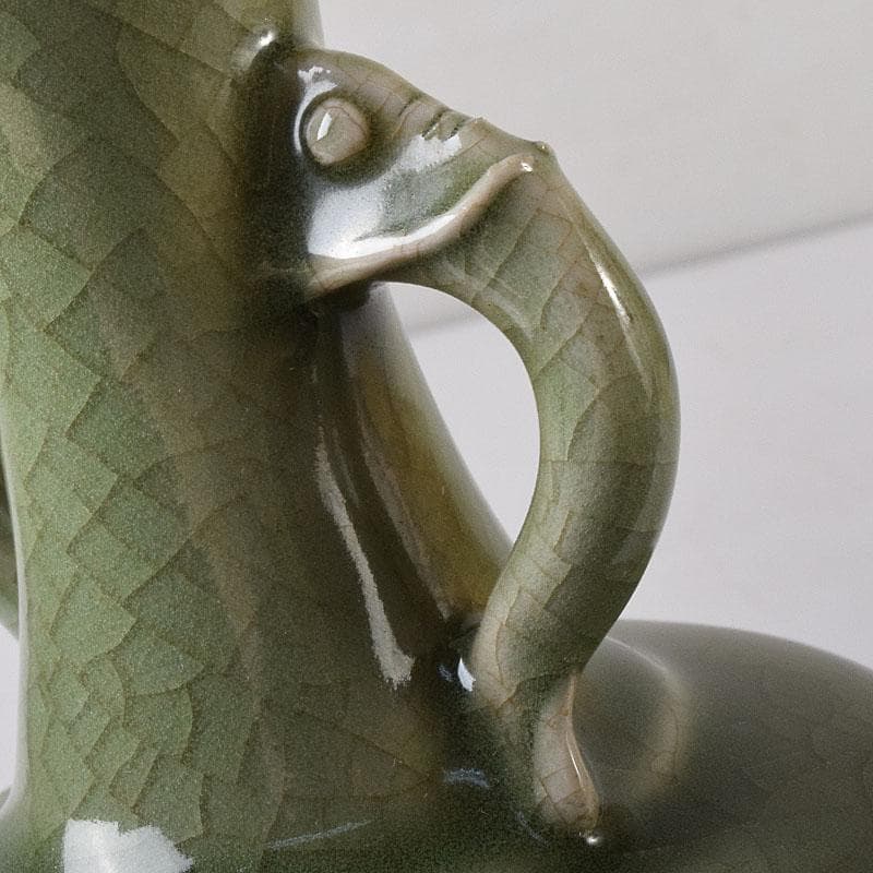 中国　龍泉窯青磁　双獣耳花瓶　時代箱　V　R8314