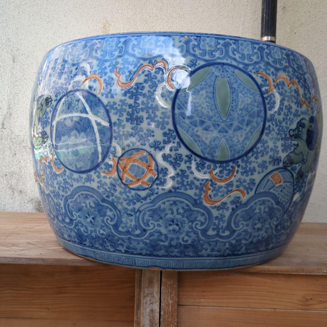 骨董 大型 火鉢 伊万里 染め付け 丸紋 睡蓮鉢 金魚 メダカ 鉢カバー