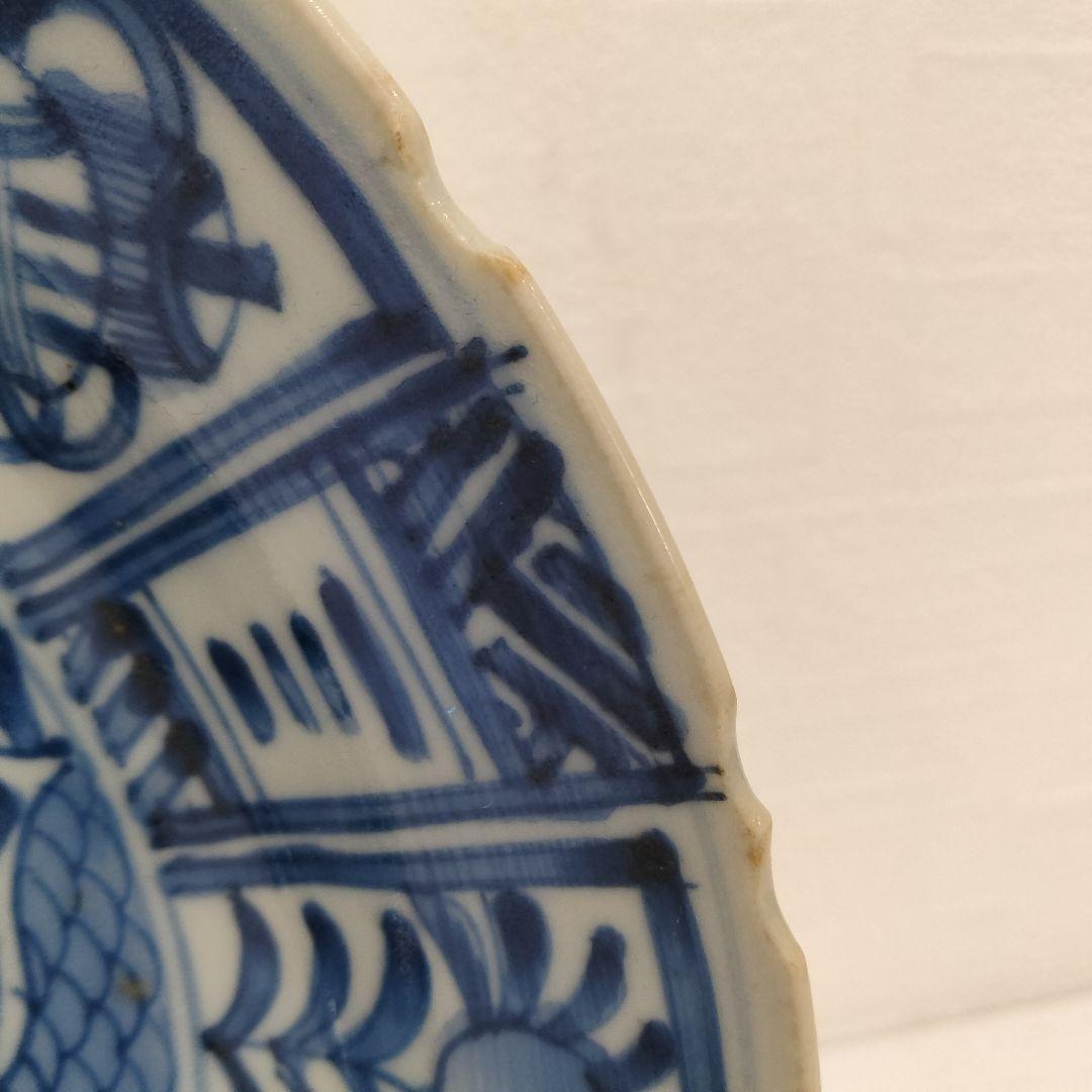 u348-6　中国 清朝期 古染付 芙蓉手 飛蝗文大皿 時代唐物　Q