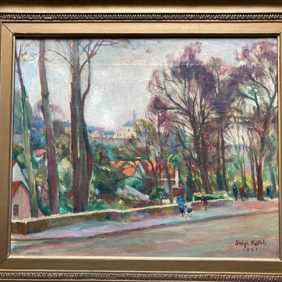 加藤静児　滞欧作風景　1921作　時代額58,5×65.5絵￼38×45cm