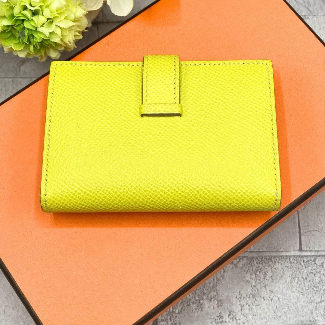 エルメス ヴォーエプソン べアンミニ　ケース U刻　ライム　シルバー金具