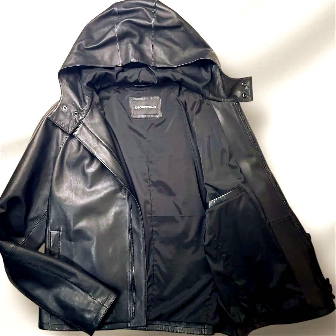 美品 エンポリオ アルマーニ レザージャケット 黒タグ フード付 羊革 48Sz
