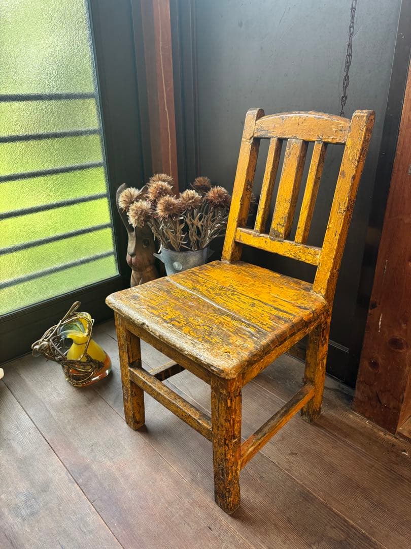 フランス アンティーク 木製 キッズチェア イエロー シャビーシック