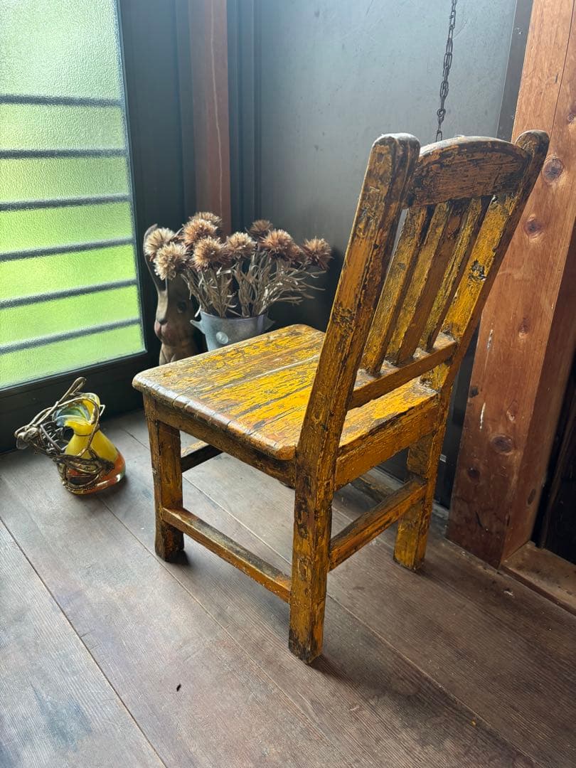 フランス アンティーク 木製 キッズチェア イエロー シャビーシック