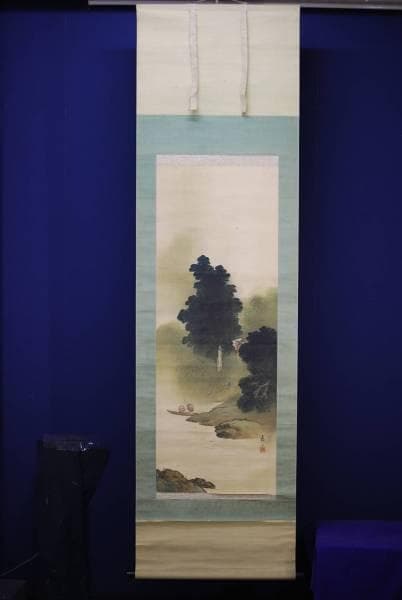 真作/鶴丁/青緑山水/渡し舟の図/布袋屋掛軸HC-502