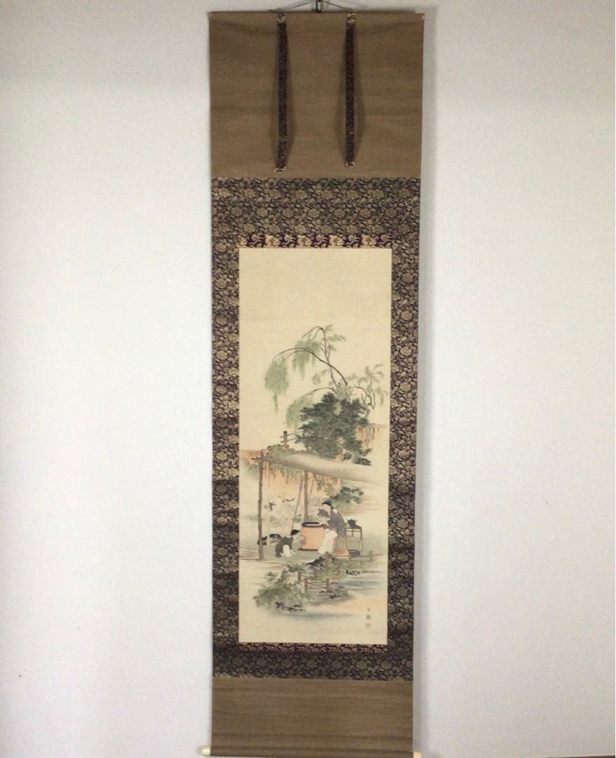 No2196  掛軸　西村芳園　唐人糸繰図　合箱　日本画　古美術　時代　送料無料