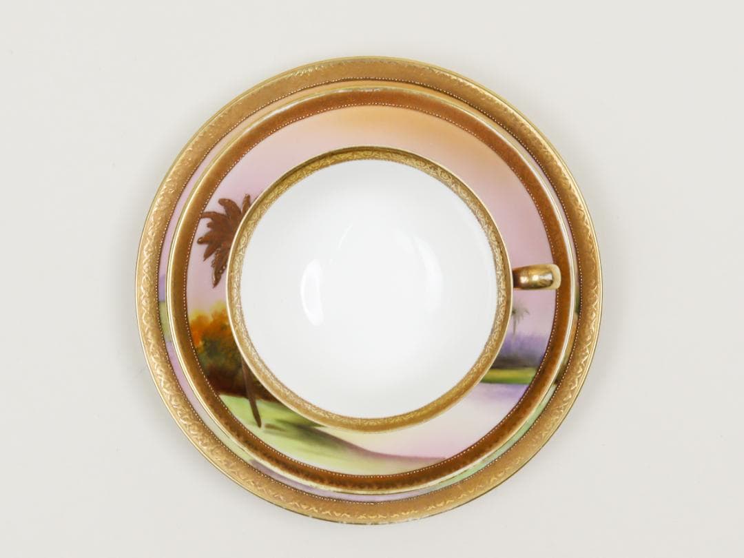 オールドノリタケ 金盛上ヤシの木湖畔 トリオ カップ ソーサー プレート