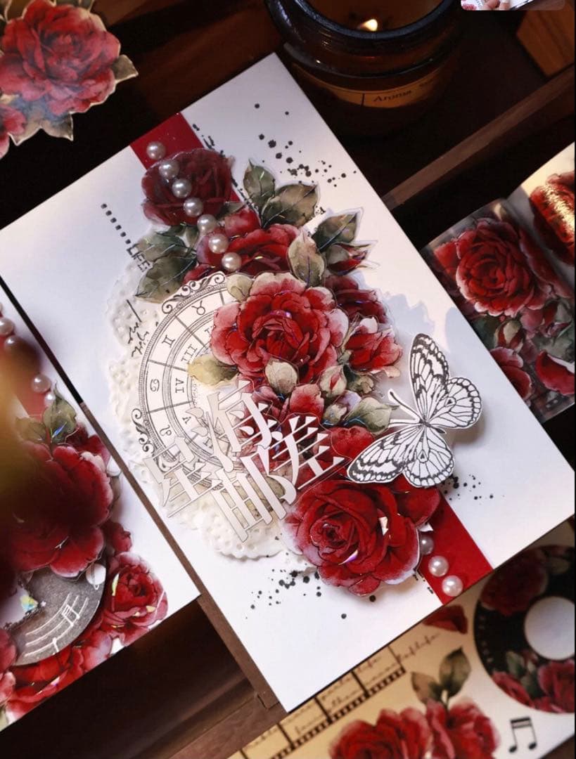 贝壳光 旧日红笺 6cm×6m 海外マスキングテープ　海外マステ　バラ　レコード