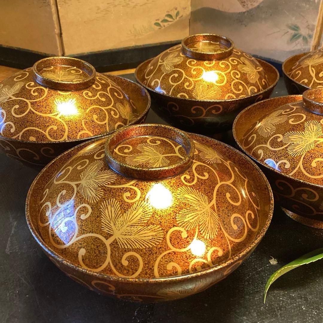 A1033 木製輪島塗　懐石道具　総梨地　松葉唐草　蒔絵　吸物椀　　5客