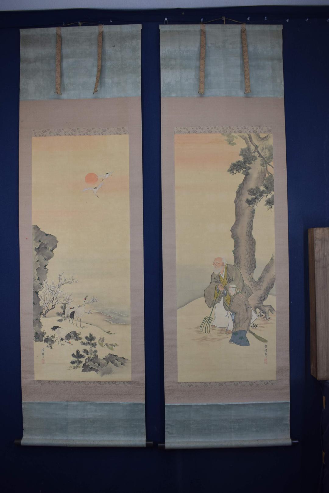 【真作】横山清暉/高砂鶴亀図/双幅/掛軸☆宝船☆Y-378　JM