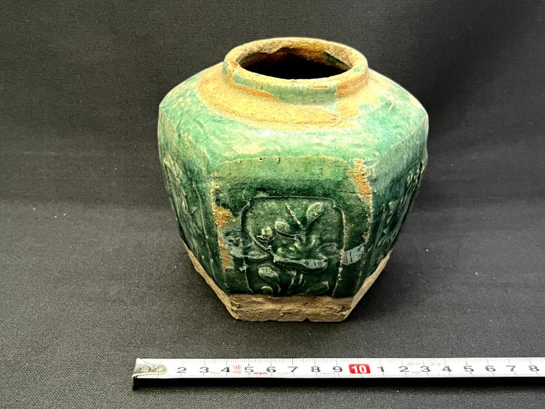 花瓶■清朝緑釉六角茶壷 石湾窯 宜興窯 浮彫紋窓絵花唐草 古玩 時代物 骨董品■