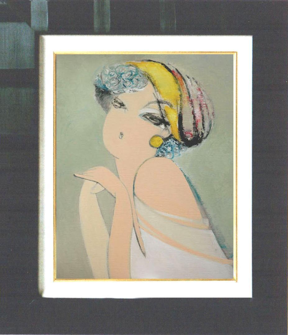 油絵 菅家令子 絵 絵画インテリア額付(青緑＋金色の枠) F6-082811女性