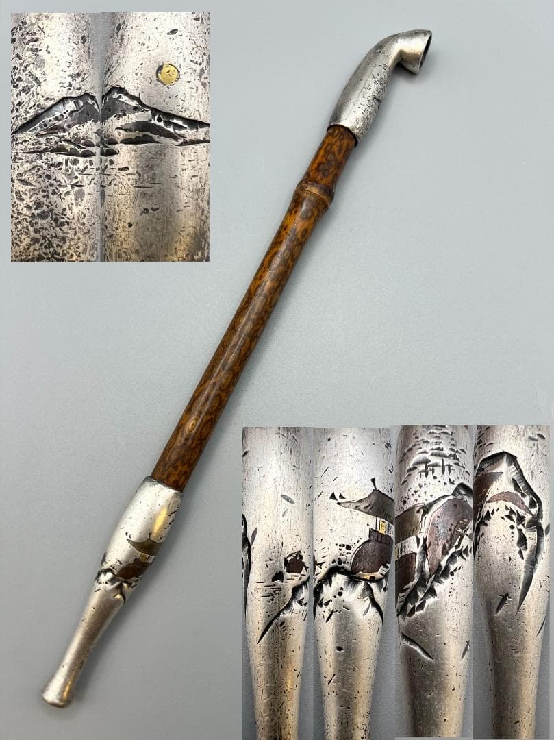 銀製　煙管　キセル　山風景図　赤銅金象嵌　銀細工　アンティーク　重量約32g