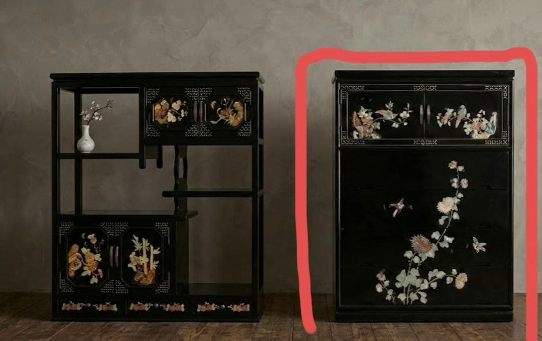 黒塗　螺鈿箪笥　玉石木製箪笥　花鳥装飾 4段　開戸１段
