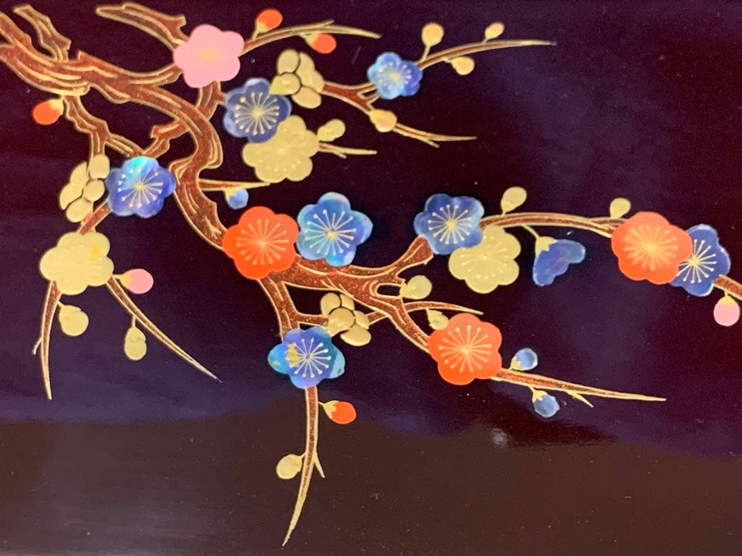 会津塗　螺鈿細工　小物入れ　電報入れ　茶色　梅花