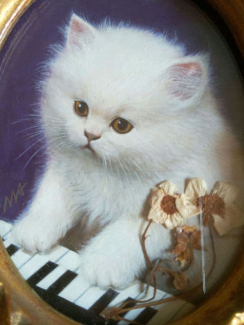 ヴィンテージ 柳田昌和 リアリズム 油彩 ミニフレーム「♪ネコ ふんじゃった」