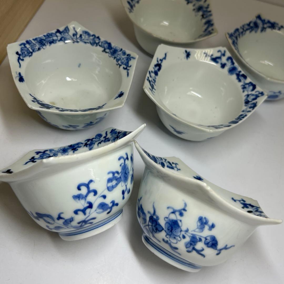 江戸中期　藍柿右衛門花唐草向付六客　木箱付　幅約10.5㎝東Y8-0123☆2F