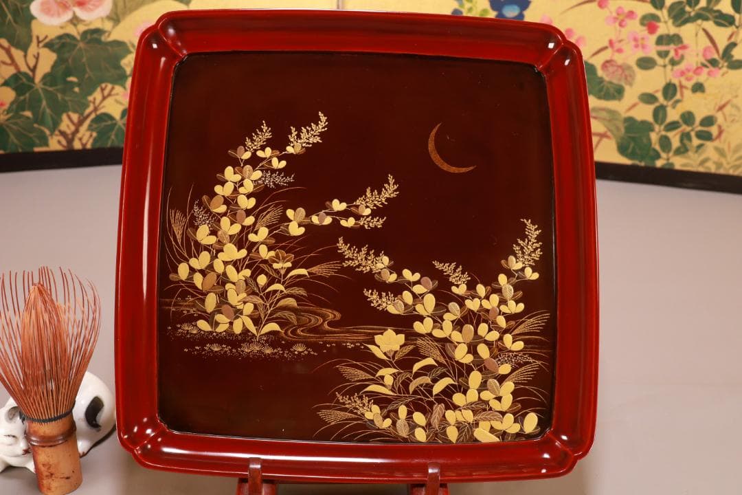 BJ062 木製漆器　萩野月蒔絵　吸物盆　吸物膳　十客　絵違い　図替わり　共箱