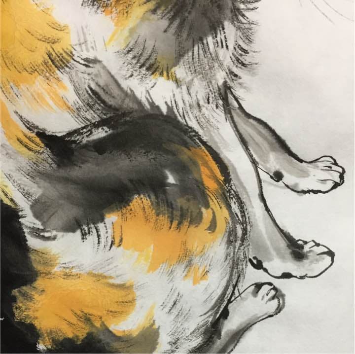 振り向く三毛猫、和紙25,4см×36,4cm