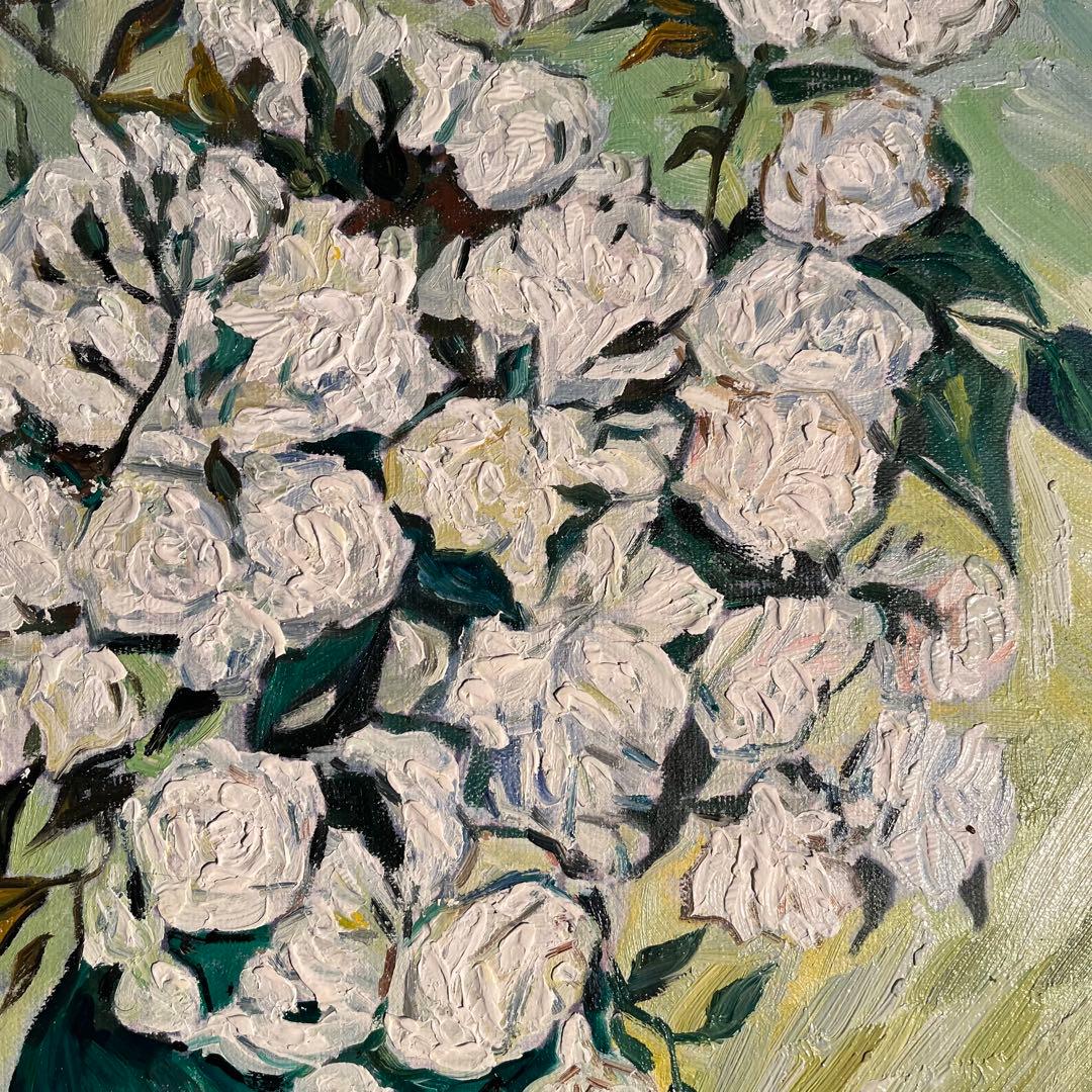 ★秀作★ 手書き油絵 ゴッホ 花瓶のバラ 額付 肉筆絵画 インテリア 油彩画