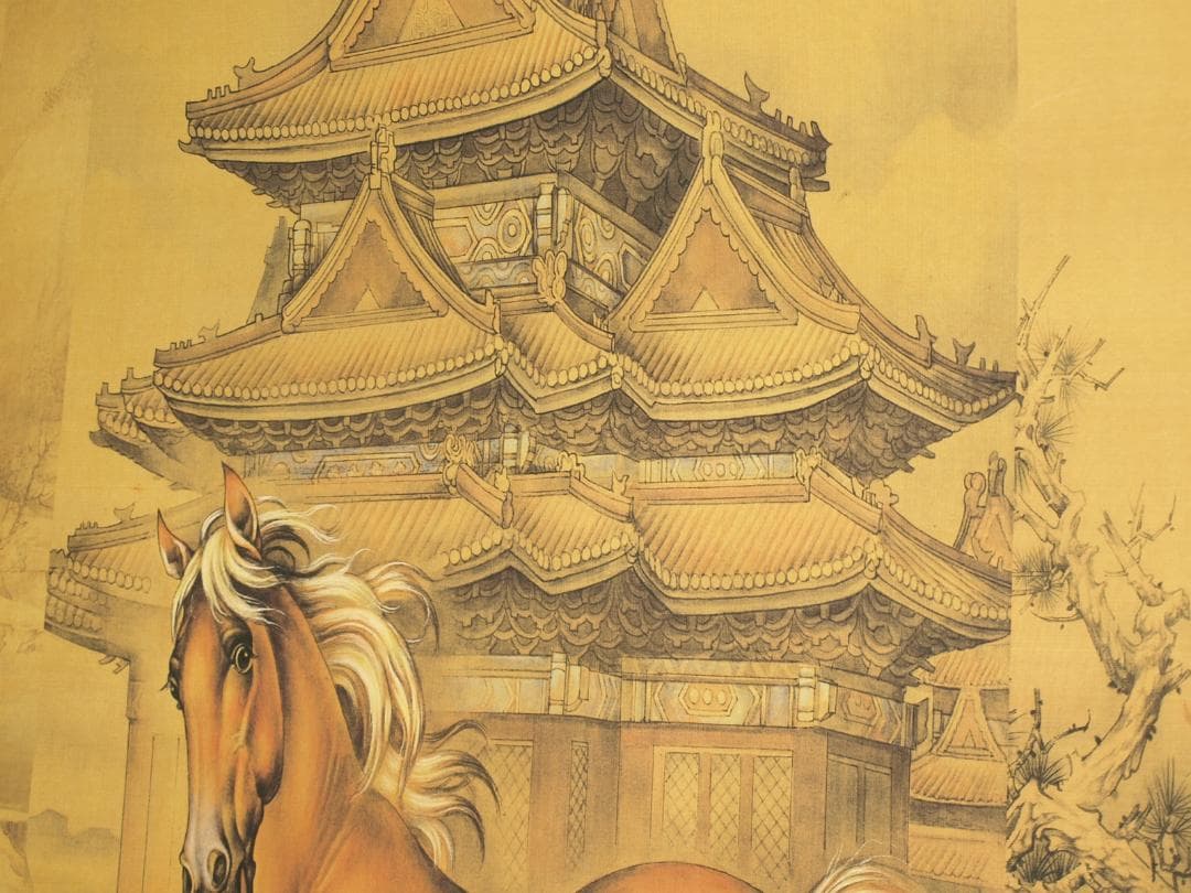 中国古美術 清時代　乾隆八駿図　人物掛け軸　激安骨董品　捲りBD682A13-2