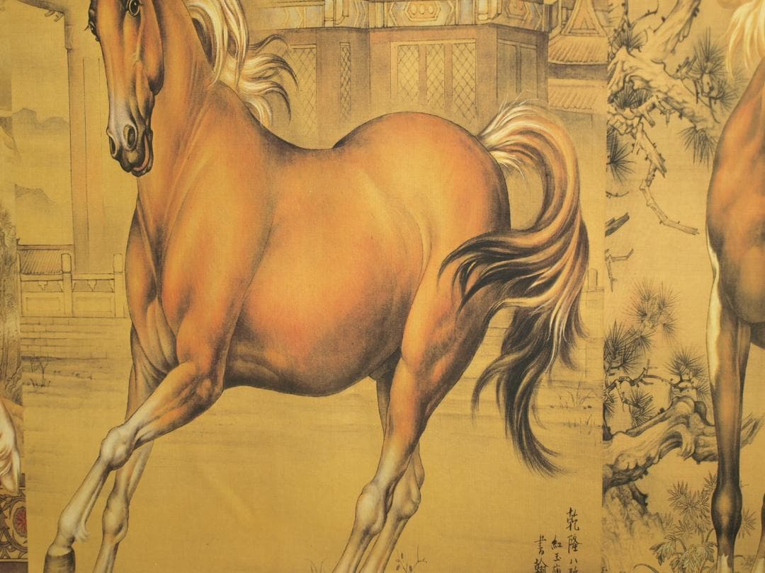 中国古美術 清時代　乾隆八駿図　人物掛け軸　激安骨董品　捲りBD682A13-2