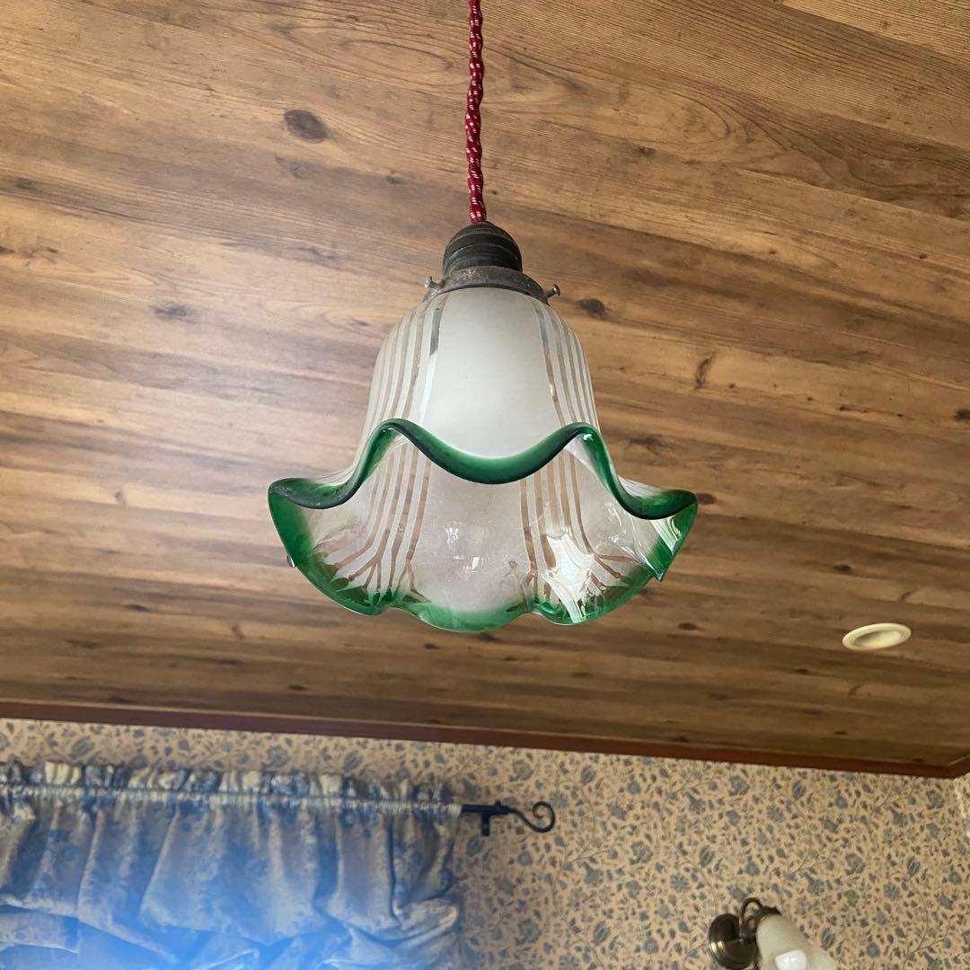 アンティーク　電笠　ガラスシェード　フリル　大正浪漫　照明　レトログリーン