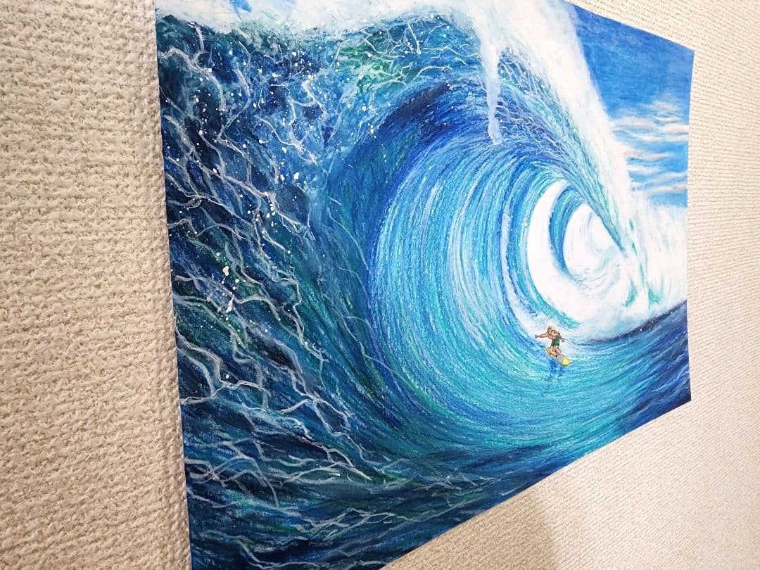海の絵　サーフィン　パステル画
