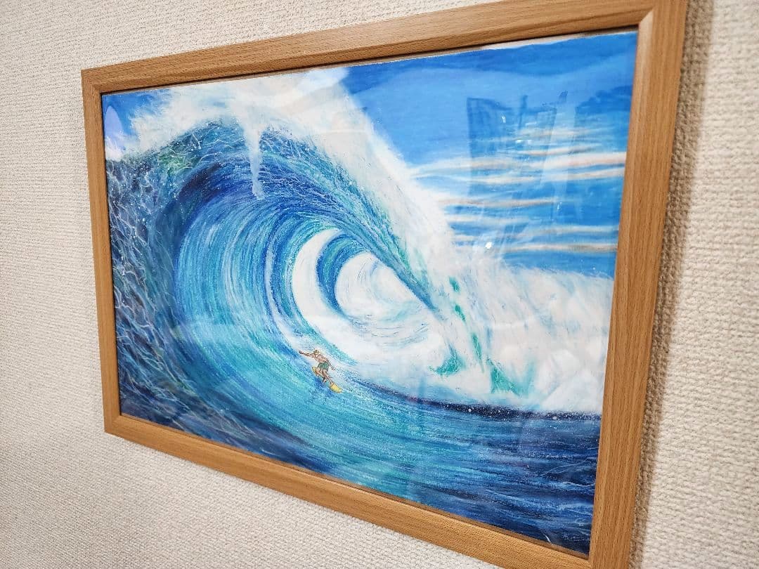 海の絵　サーフィン　パステル画