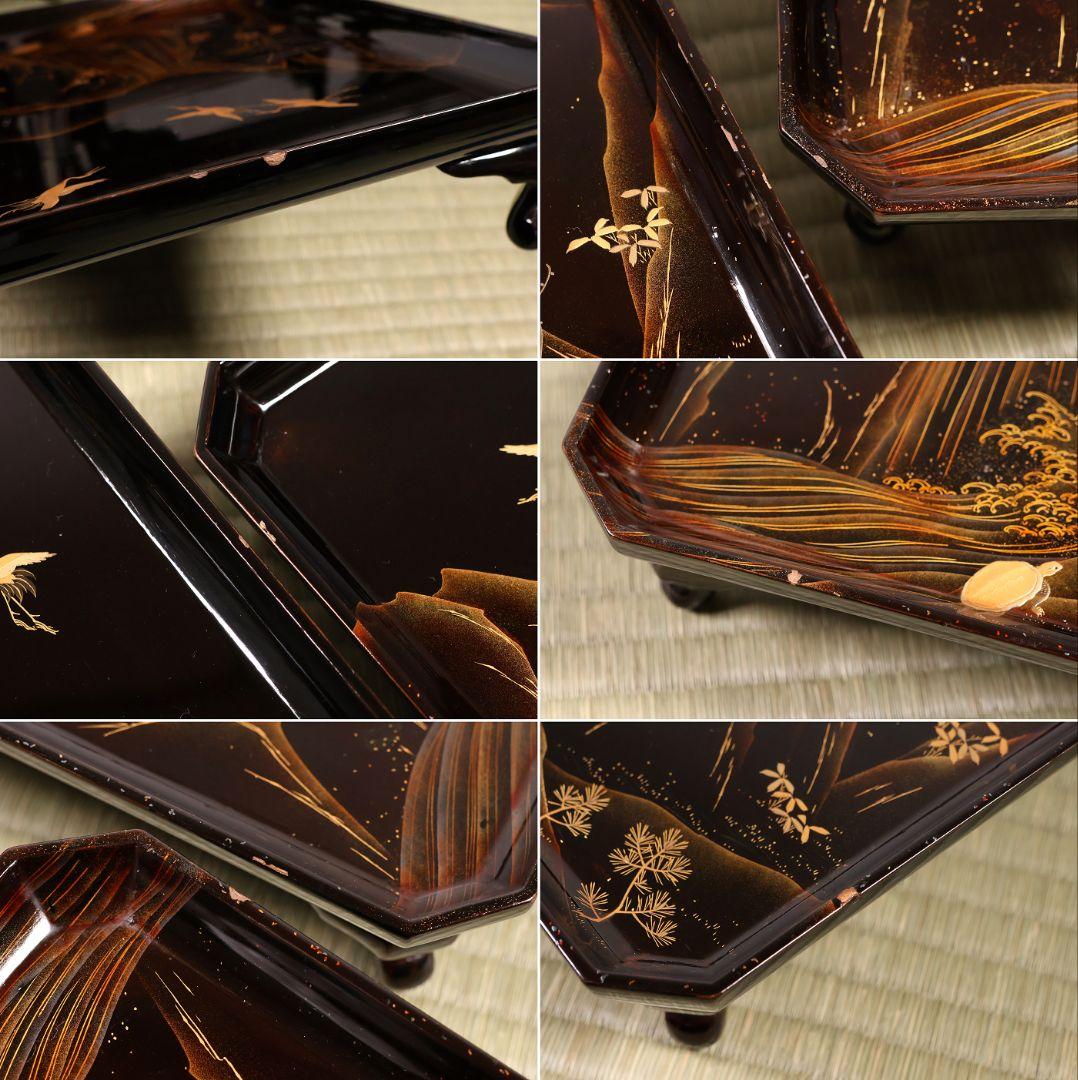 漆芸 山水松竹梅 蝋色塗硯蓋形座附膳 十客 金蒔絵 四方膳 蓬莱鶴亀【CM390