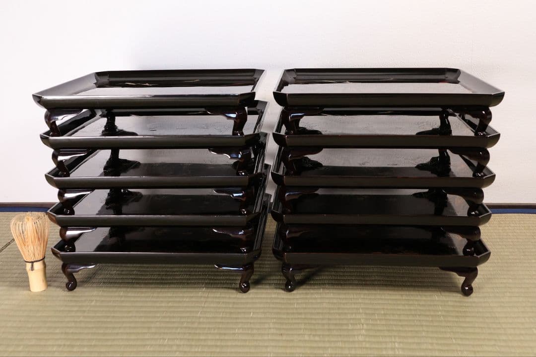 漆芸 山水松竹梅 蝋色塗硯蓋形座附膳 十客 金蒔絵 四方膳 蓬莱鶴亀【CM390