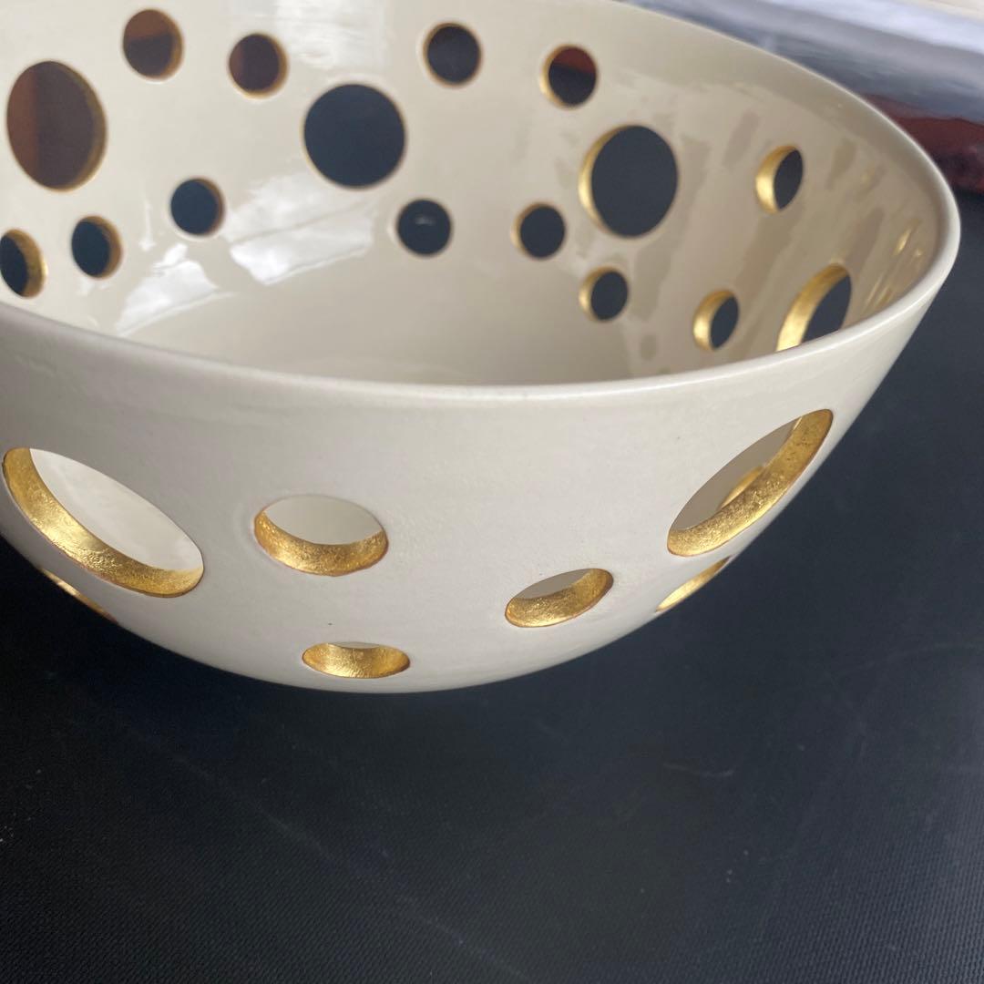 中村翠嵐　菓子器　白交趾　水玉透　新古品　白　金　菓子鉢